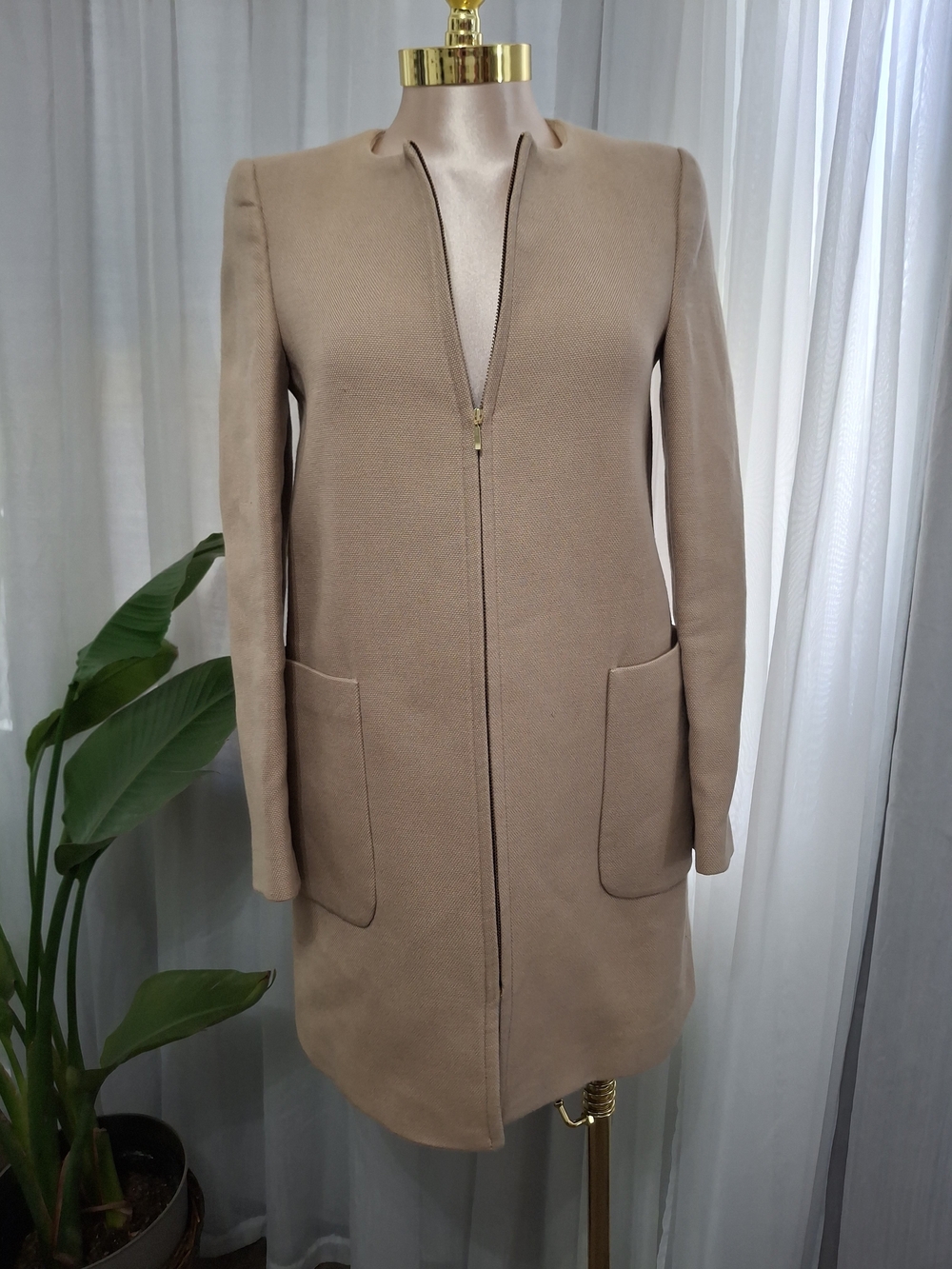 Zara Women's Taupe Long Zip Front Trench Coat